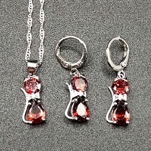 925 Silver CZ Red Ruby Cat Necklace Earrings Set Valentines Anniversary Gift NEW